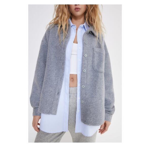 NEW ZARA Asymmetrical Hem Oversized Ribbed Shirt Jacket XS Grey - Picture 8 of 8